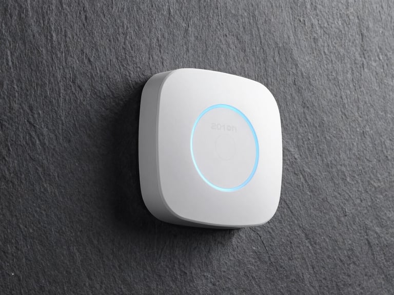 Sleek wall-mounted white disc access point glowing with a soft blue LED ring on a dark slate wall, clean architectural daylight, 35mm