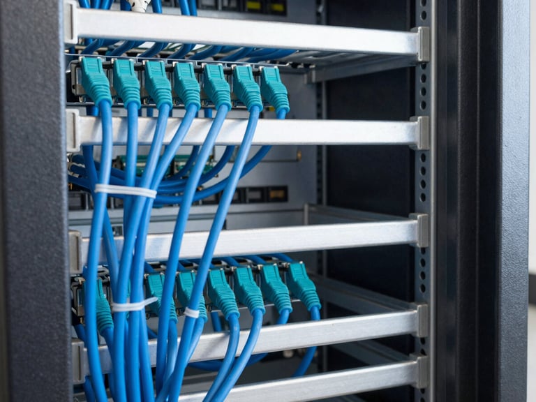 Neat server rack wiring with blue and teal patch cables, perfectly organized with cable management ties, bright daylight, 35mm