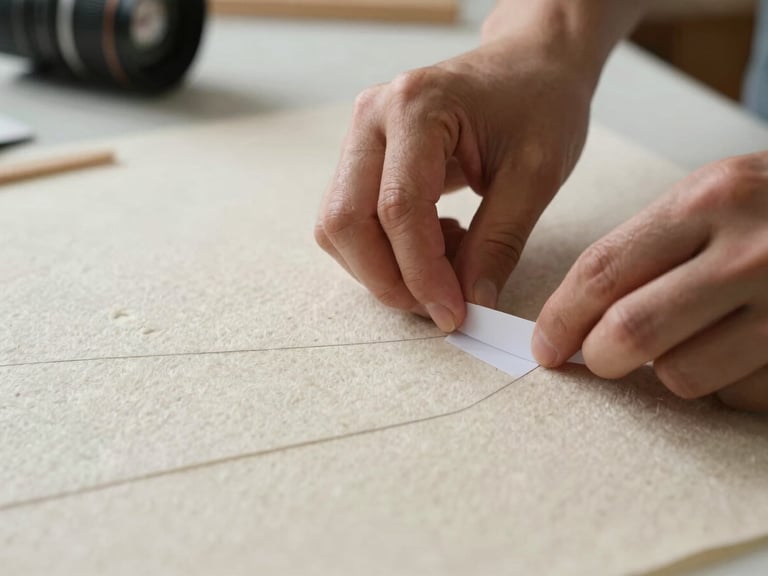 Close-up macro shot of hands carefully pinning a paper pattern onto a textured ivory wool fabric on a clean drafting table, soft side lighting.