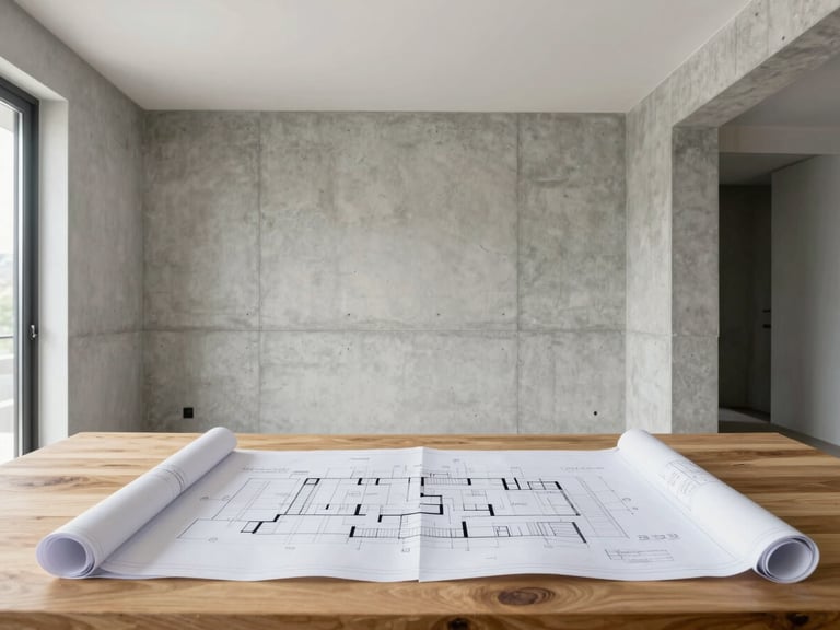 Straight-on architectural shot of a modern apartment renovation in progress, clean concrete walls, blueprints spread on a wooden table, bright natural daylight, 35mm lens