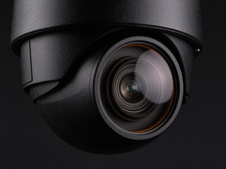 Macro shot of a high-end dome security camera, matte black casing, subtle amber rim light reflecting off the glass lens, dark moody studio lighting, technical aesthetic.
