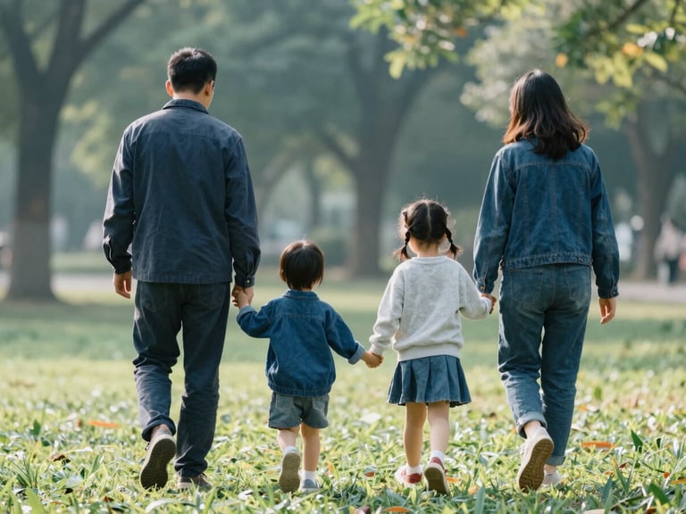 A family walking hand-in-hand in a park, seen from behind, warm natural light, soft focus, teal and deep blue tones.