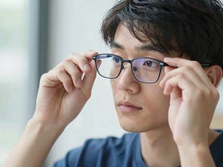 A person putting on glasses, looking thoughtfully, natural daylight, soft focus, deep blue accents.