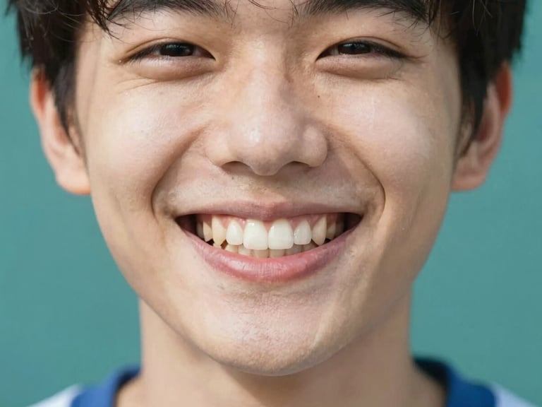 A person smiling brightly, showing healthy teeth, natural daylight, soft focus, teal accents.