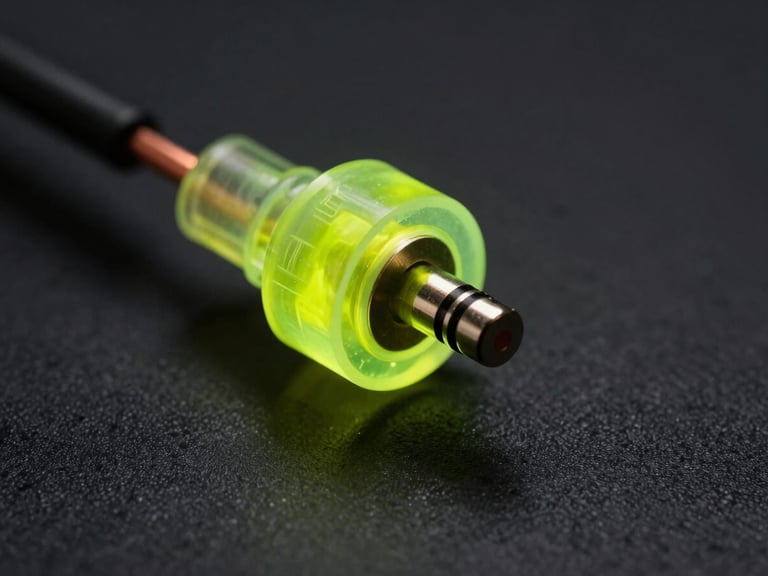 Macro photography of audio cables and copper wires connected to a custom transducer, glowing acid lime gel light, dark charcoal background, high-contrast.