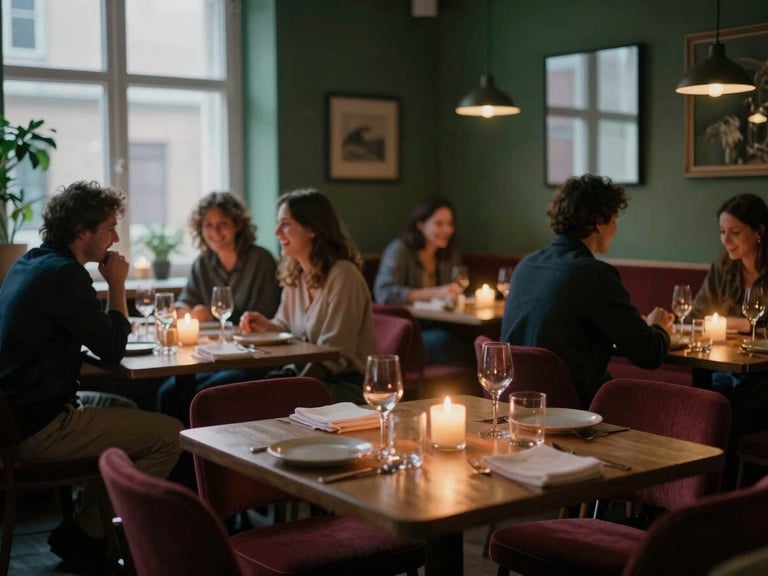 Cozy Scandinavian-style restaurant dining room at dusk, warm candle light, guests laughing softly in the background, 35mm