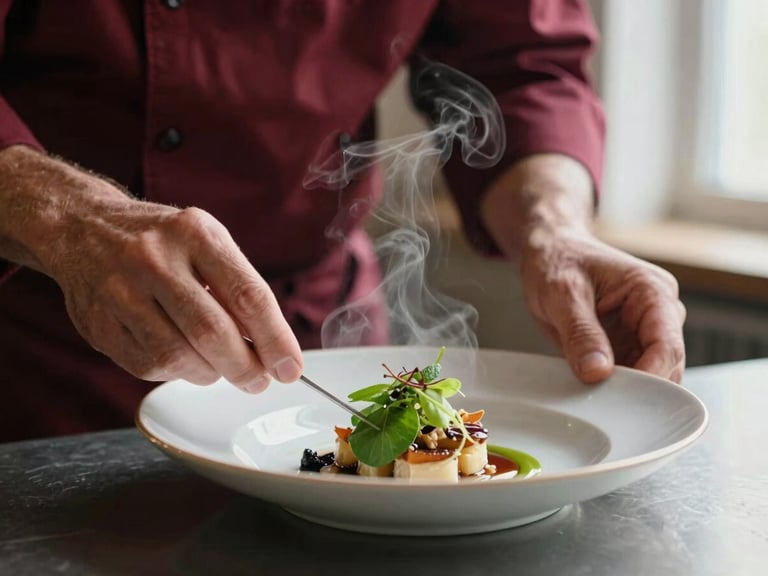Close-up of a chef's hands plating a delicate dish under warm kitchen lights, steam rising, shallow depth of field, 35mm