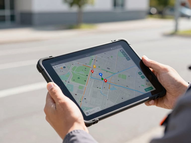 Close-up of a technical worker's hands holding a rugged tablet displaying a map with maintenance pins, bright Swiss daylight, outdoor municipal setting, 35mm