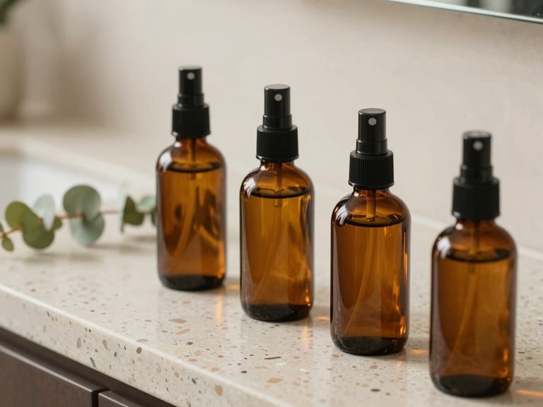 Close-up of reusable amber glass spray bottles on a terrazzo countertop, soft natural daylight reflecting off citrus and eucalyptus leaves nearby, clean architectural lines.