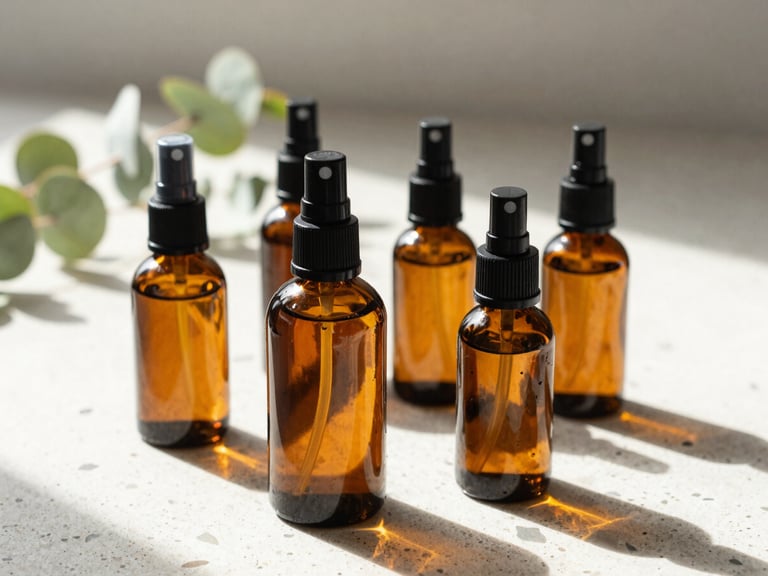 Close-up of reusable amber glass spray bottles on a sunlit terrazzo countertop, eucalyptus leaves in the background, high-key natural daylight.