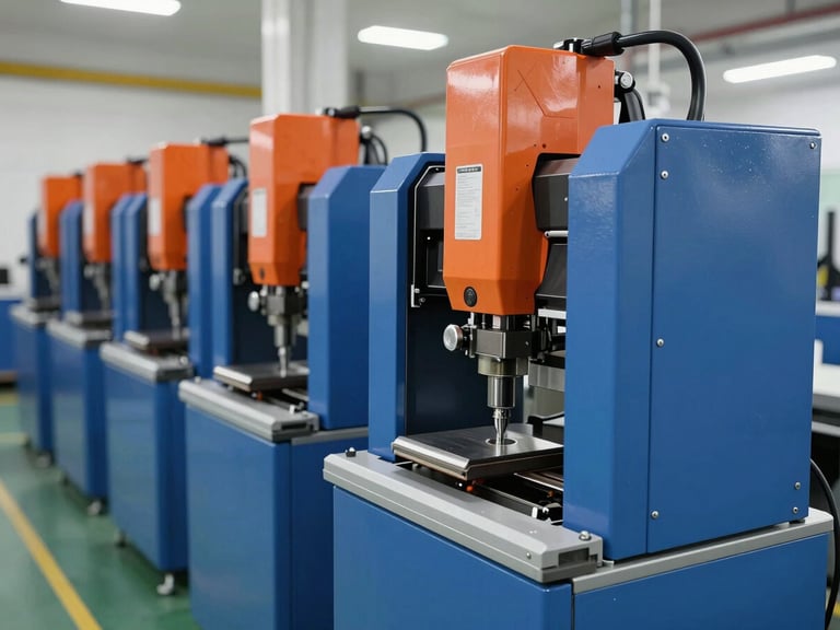 A row of modern blue and orange injection molding machines operating in a clean, spacious Indian manufacturing facility
