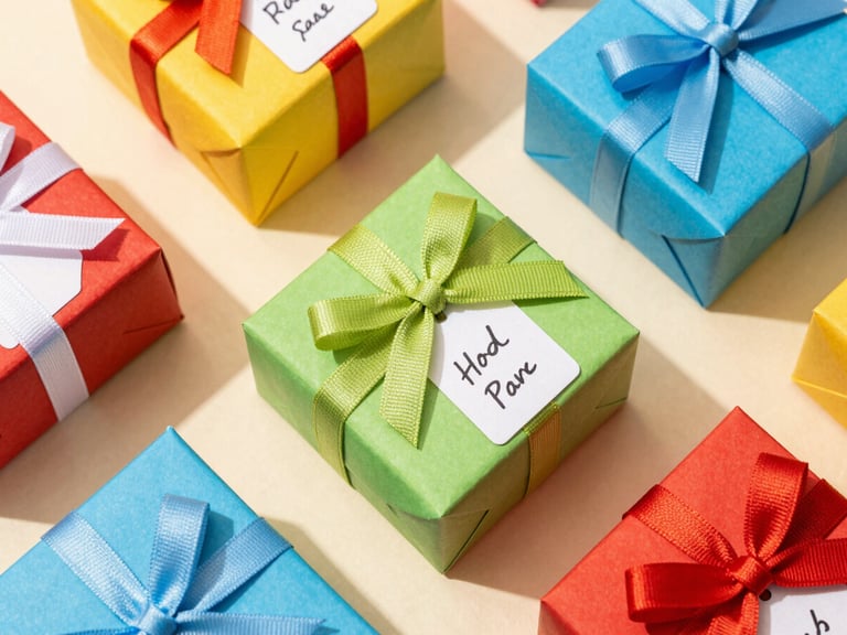 Vibrant overhead flat-lay of colorful custom gift boxes, handwritten tags, and craft ribbons on a warm cream surface, bright daylight, macro detail.