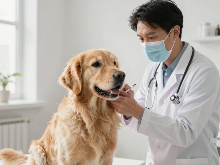 Veterinário aplicando vacina em um filhote de golden retriever, com foco na conexão e no cuidado, luz natural, 35mm
