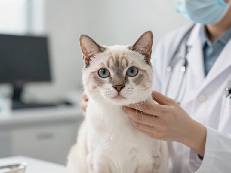 Veterinário examinando um gato siamês calmo em uma clínica moderna, luz natural, close-up, 35mm