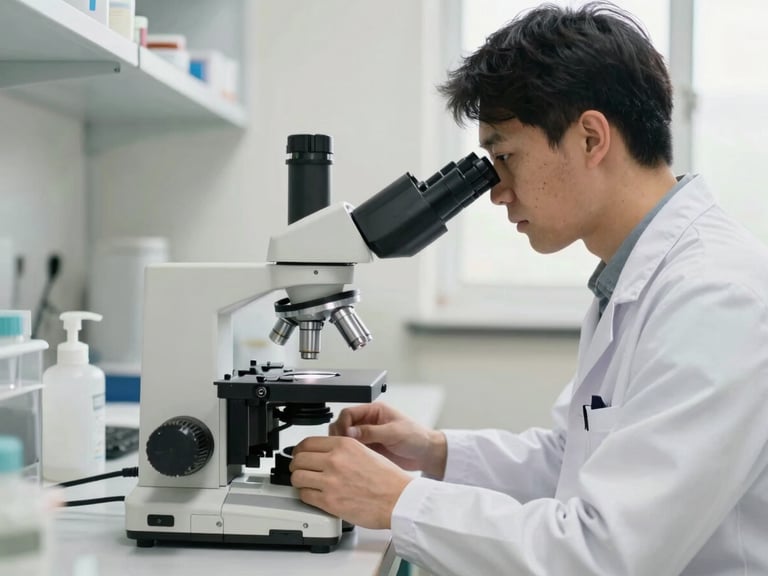 Técnico veterinário analisando amostras em microscópio em um laboratório limpo e moderno, luz natural, 35mm