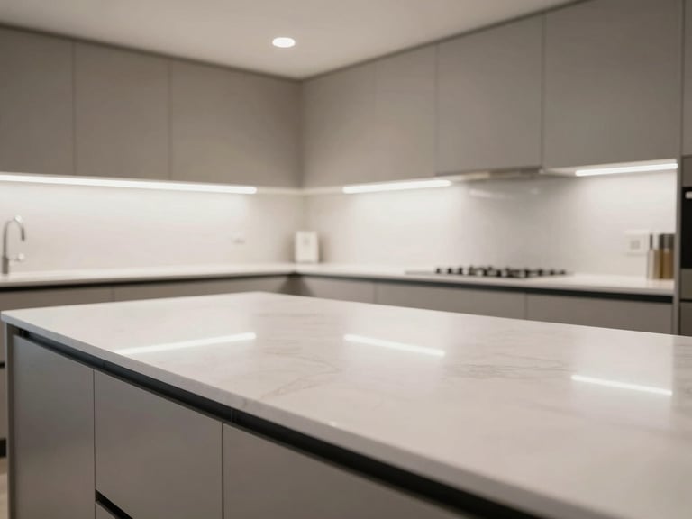Wide establishing shot of a spotless residential kitchen interior—empty countertops gleaming under bright overhead task lighting, no clutter, cool neutral tones, focus on the clean horizontal surfaces of counters and cabinet edges receding toward the far wall