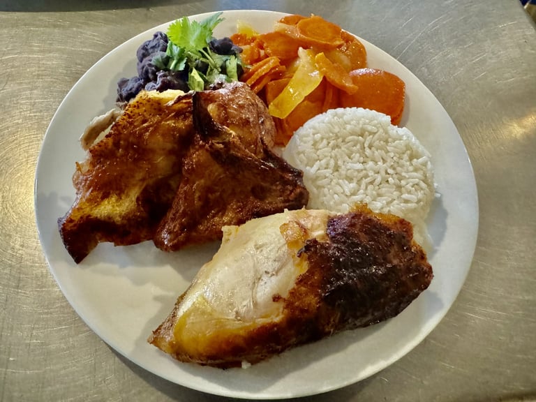 Las Brasas Costa Rican restaurant Roast Chicken dinner with rice and beans