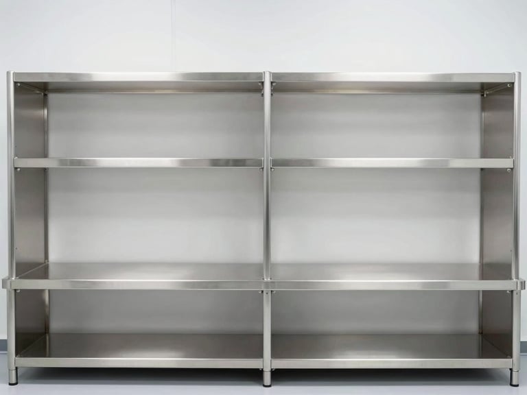 Straight-on cleanroom installation showing custom stainless steel laboratory shelving, pristine brushed satin finish, bright clinical white light, architectural 35mm