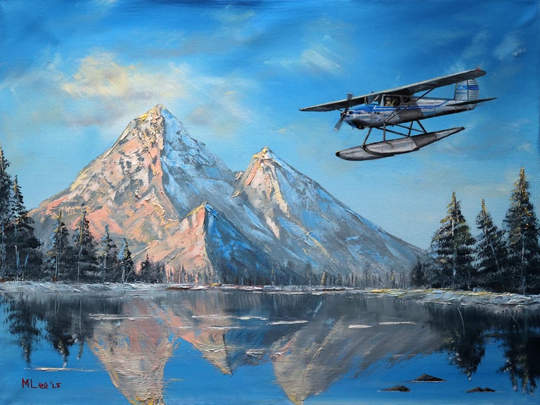 Image of Marc Lee's oil painting, "The Arctic Tern," a famous Cessna 140 on floats landing on a lake
