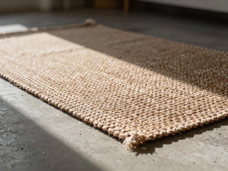 Braided jute rug on raw concrete floor, low-angle high-contrast natural sunlight casting soft afternoon shadows, macro depth of field.