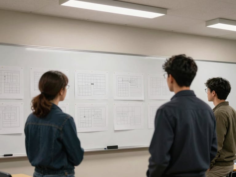 Environmental wide shot of a whiteboard session in a university conference room, two people facing the board with printed positioning frameworks pinned up, cool overhead fluorescent light, candid and unposed