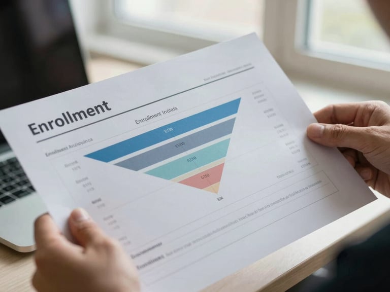 Close-up of hands holding a printed digital analytics report, enrollment funnel chart visible, natural light from a nearby window, research document texture clear and legible