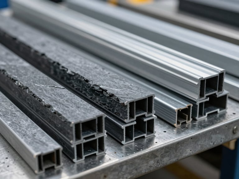 Cross-section profiles of extruded PVC fencing lined up on a metal workbench, high-contrast task lighting, slate tones, 35mm.