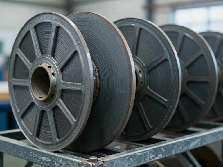 Close-up of industrial film rolls on a steel rack in a cool-toned warehouse, sharp focus, technical texture, 35mm.