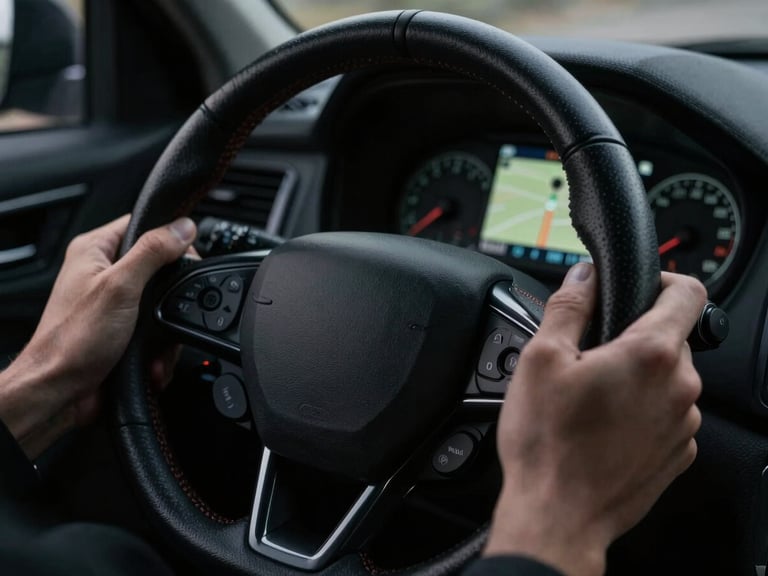 Close-up of hands on a tactical steering wheel, GPS display showing a mapped route, low-key dramatic lighting, desaturated dark tones, high contrast, sharp focus.