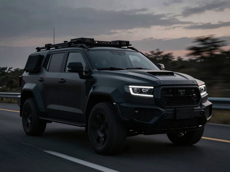 Sleek black armored tactical vehicle on a highway at dusk, low-key dramatic lighting, high contrast, desaturated dark tones, sharp focus, motion blur on background.