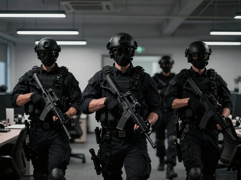 Professional security personnel in dark tactical suits, moving through a secure, modern office environment, low-key dramatic lighting, high contrast, desaturated tones, sharp focus, avoiding direct eye contact.