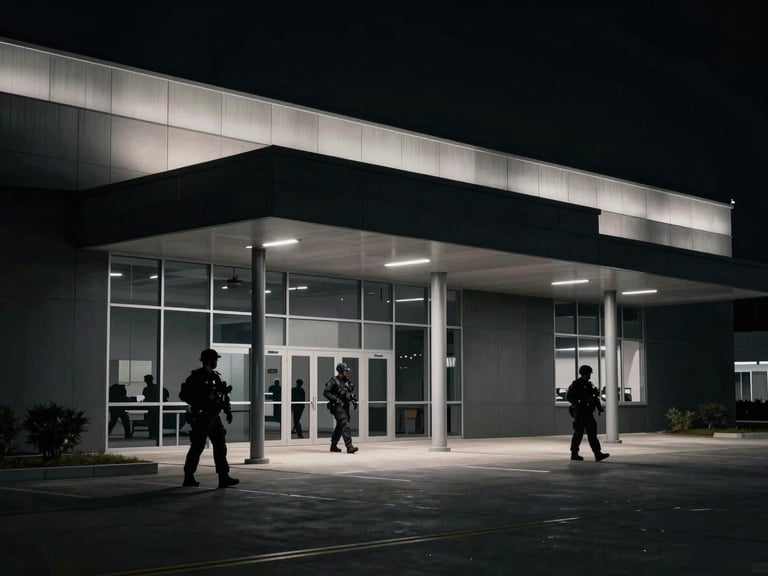 Secure, modern facility exterior at night, with subtle perimeter lighting, professional security personnel patrolling, low-key dramatic lighting, high contrast, desaturated tones, sharp focus.