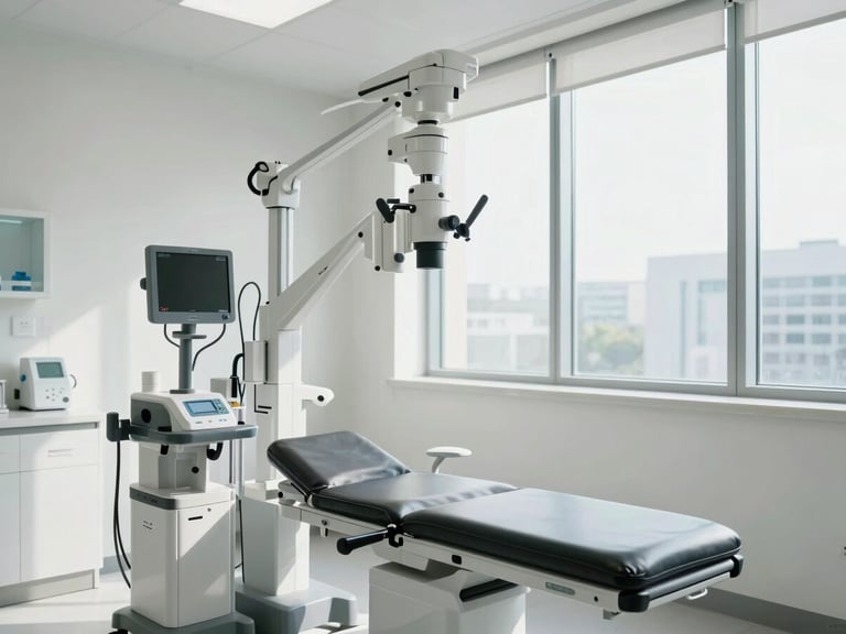 Eye-level medium shot of a bright, clean modern diagnostic clinic room with advanced medical equipment, natural daylight streaming through a large window, pristine white surfaces.