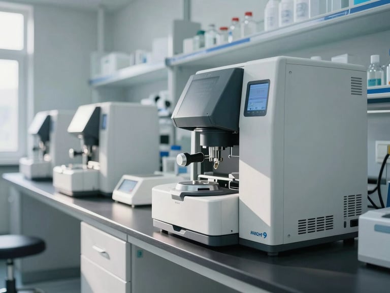 Bright clinical laboratory interior with modern automated chemistry analyzers and sterile workstations, high-contrast daylight, clean professional medical environment.