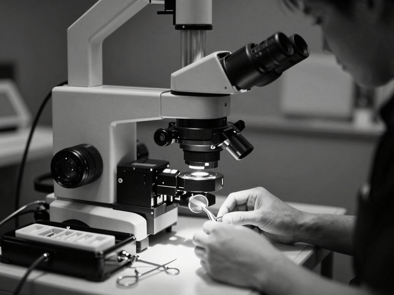 Gros plan cinématographique monochrome d'un microscope opératoire moderne, avec des instruments dentaires fins en dessous, éclairage ciblé.
