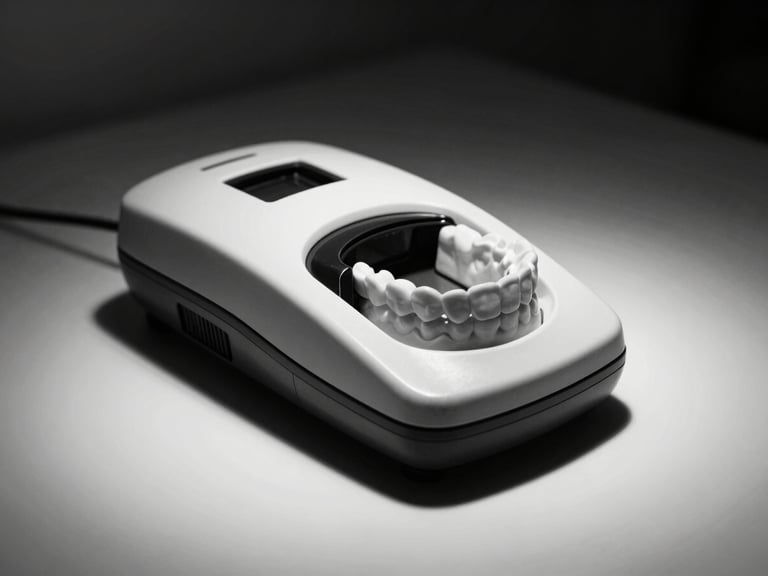 Gros plan cinématographique monochrome d'un scanner intra-oral élégant, lumière dramatique, sur une surface blanche et propre.