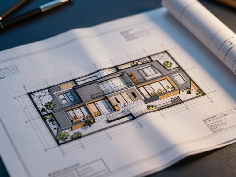 A clean modern architectural site plan overlaid with architectural blueprints, sharp focus, technical drawing tools, warm golden hour light hitting the paper.