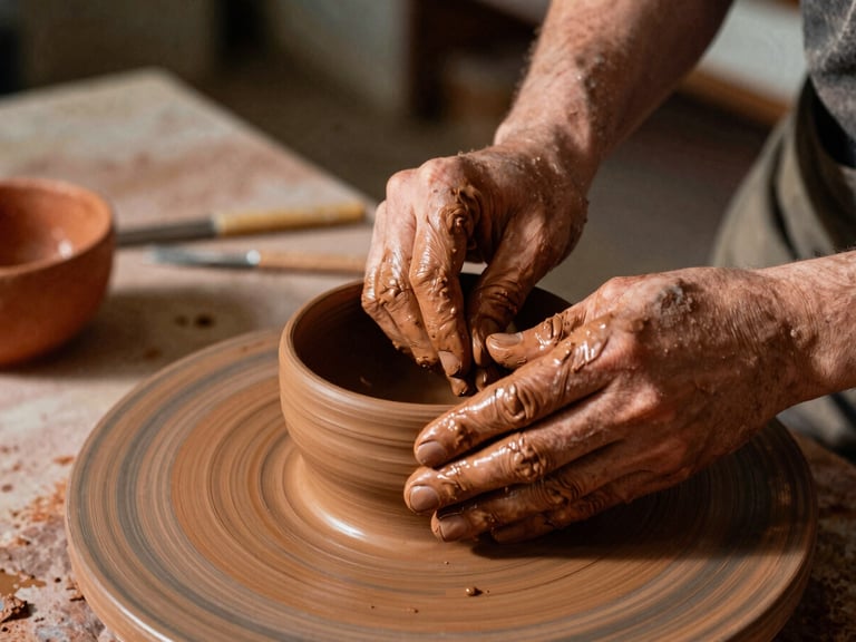 Medium close-up of hands molding warm terracotta clay in a sunlit community studio, rich saturated earth tones, 35mm film style
