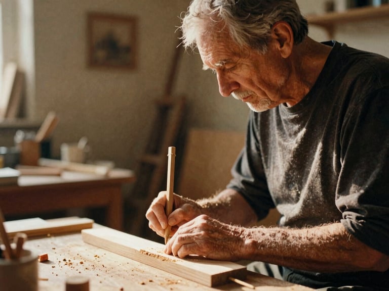 Warm editorial portrait of an elder artist guiding a young apprentice's hands as they carve wood in a sunlit studio, rich textures, 35mm film style