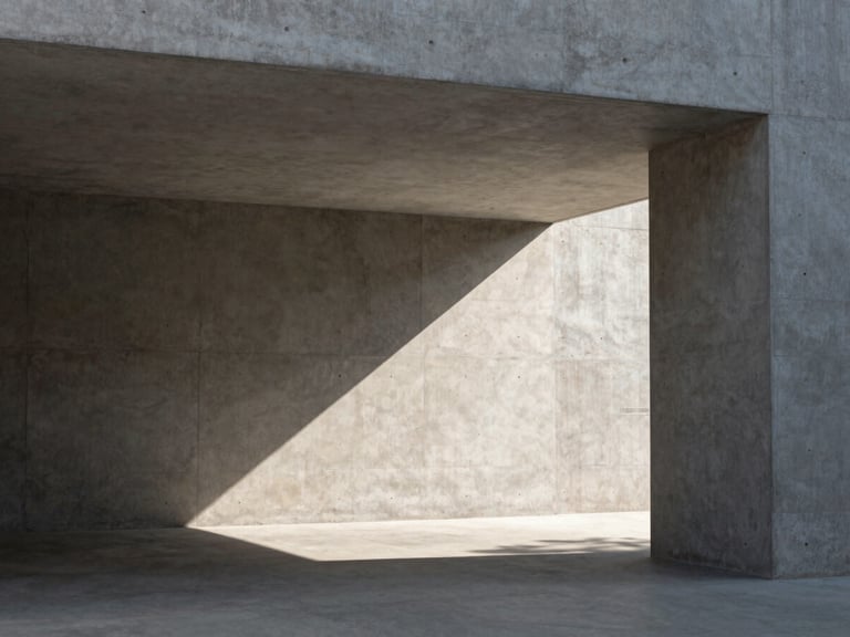 Stark concrete architectural pavilion, sharp geometric shadows under high noon sun, minimalist composition, desaturated tones
