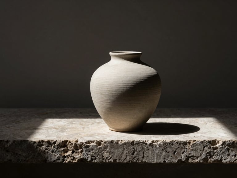 Close-up of a minimalist ceramic vase on a raw stone ledge, harsh direct sunlight casting dramatic shadows, desaturated neutral tones