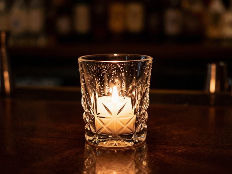 Moody editorial food photography of a dimly lit bar counter, a single heavy crystal glass with condensation catching warm amber candlelight glow, extreme shallow depth of field, 35mm
