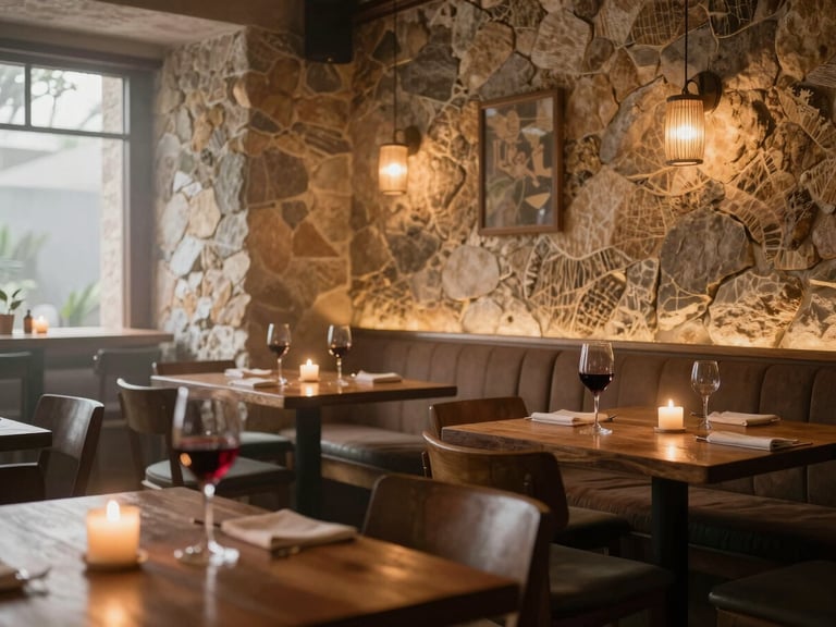 Elegant restaurant interior in Bananeiras with stone walls, wooden tables lit by candlelight, a glass of red wine, warm cozy atmosphere