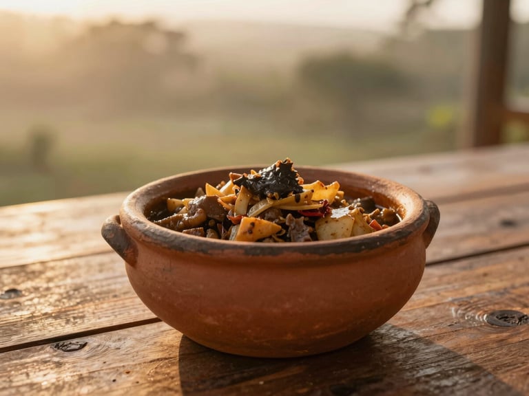 Slow-cooked regional Paraiba dish served in a traditional clay pot on a rustic wooden table, soft golden hour light