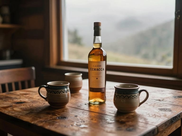 Warm editorial travel photography of hand-crafted ceramic mugs and premium aged cachaça bottle on a rustic wooden table, soft misty morning light filtering through a window, cozy mountain cabin atmosphere