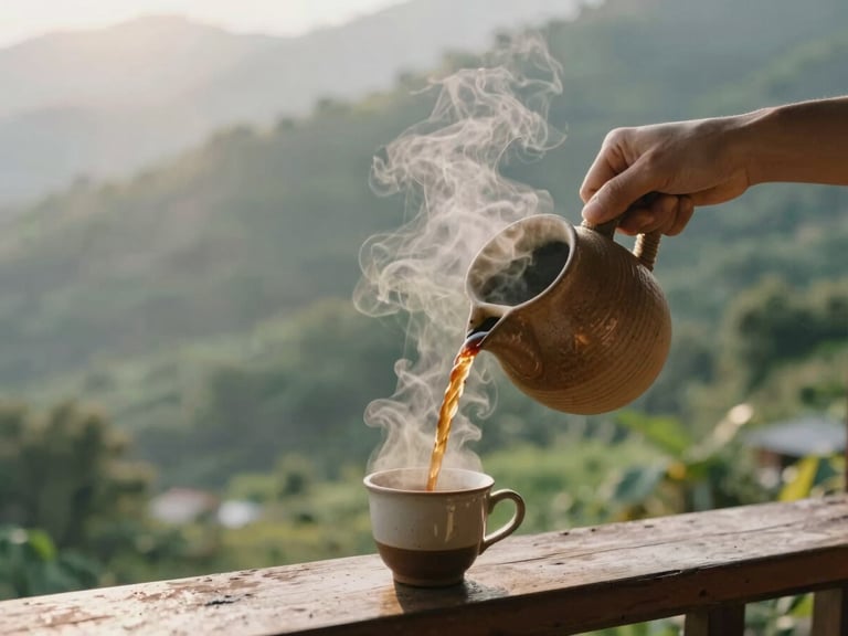 Pouring hot coffee from a rustic ceramic pot into a cup, steam rising into the cool misty air of a mountain balcony, lush green background, warm tones