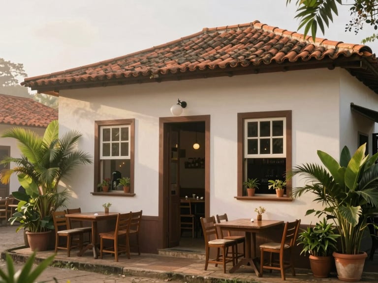 Charming colonial house facade in Bananeiras converted into a cozy bistro, outdoor tables, lush green plants around, soft afternoon light