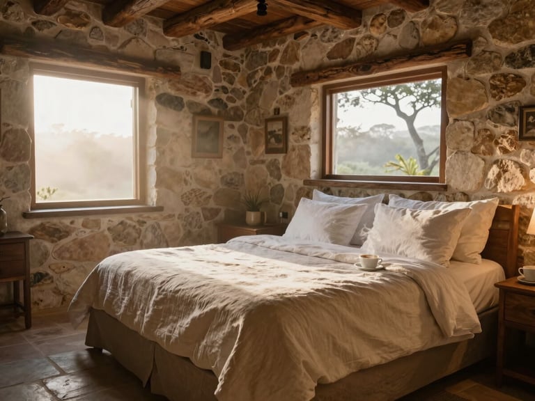 Interior of a luxury stone cabin in Bananeiras, king bed with thick linen sheets, rustic wooden beams, steaming cup of coffee on the nightstand, soft window light, warm editorial travel photography.