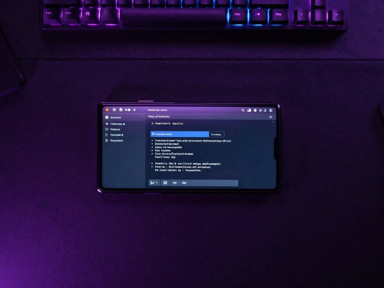 Top-down flat lay of a clean developer workspace with an Android test device showing a terminal output, moody violet rim lights, 85mm