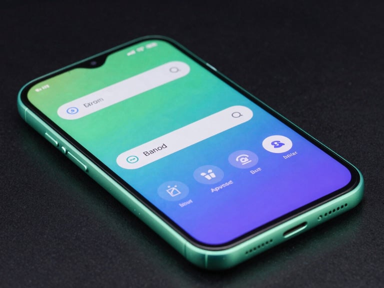 Sleek product photography of an Android device screen showing dynamic color-matching UI elements, vibrant mint green rim lights, 85mm